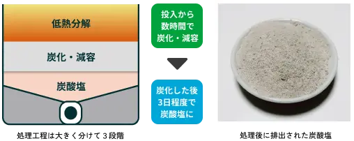 処理工程は大きく分けて３段階 投入から数時間で炭化・減容→炭化した後3日程度で炭酸塩に 処理後に排出された炭酸塩
